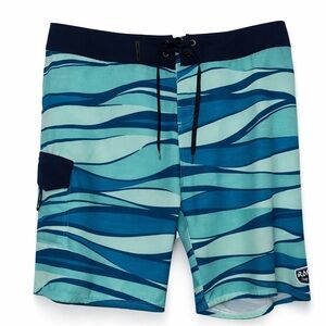 Ron Jon Surf Shop Men’s Board Shorts Swim Trunks Blue Teal Wave Print Sz 38